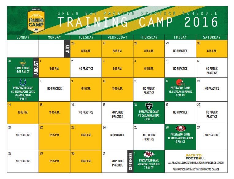 Packers to open training camp July 26 Green Bay Packers NFL Football